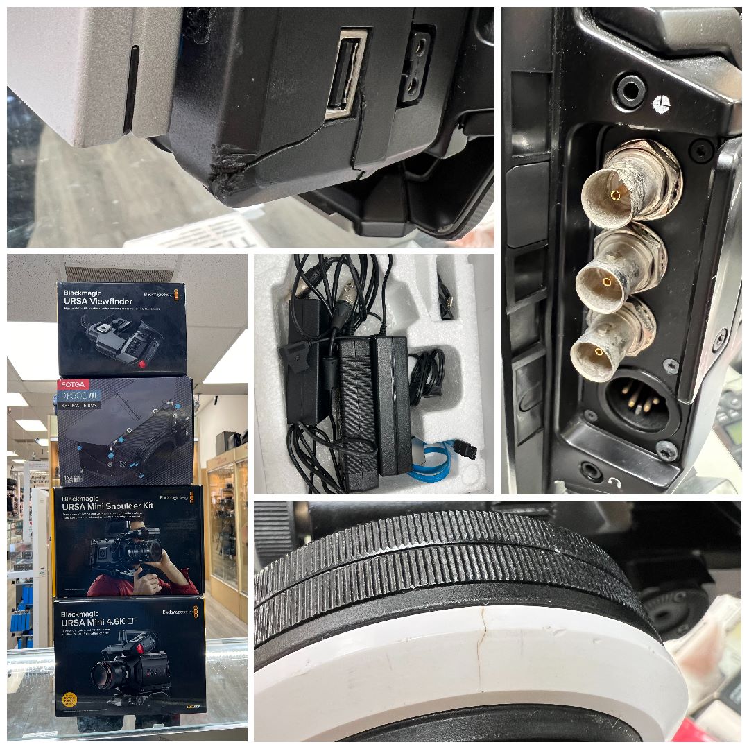 Blackmagic URSA Mini 4.6K EF Bundle (Camera, two Rokinon Lenses 24mm & 50mm, viewfinder, shoulder kit, mattebox & tripod kit), Used