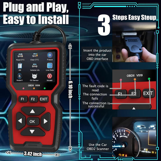 OBDII V519 Scanner Diagnostic Tool-Check Engine Code Reader Scanner with Reset, Mode 6, Mode 8 & I/M Readiness (RED)