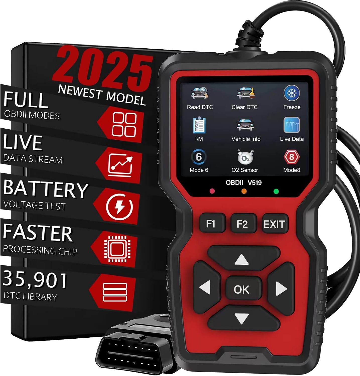 OBDII V519 Scanner Diagnostic Tool-Check Engine Code Reader Scanner with Reset, Mode 6, Mode 8 & I/M Readiness (RED) - AVC photo video store