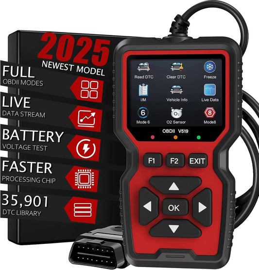 OBDII V519 Scanner Diagnostic Tool-Check Engine Code Reader Scanner with Reset, Mode 6, Mode 8 & I/M Readiness (RED)