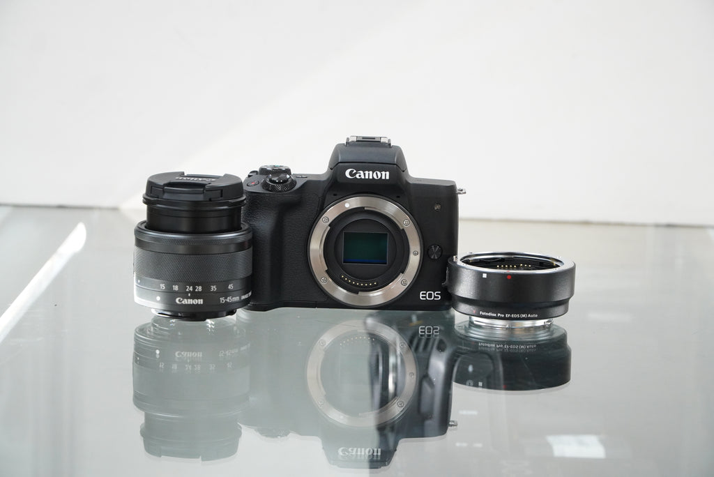 Canon EOS M50 Mirrorless Camera with 15-45mm Lens + Fotodiox pro EF to EOS M Adapter #03932, Used