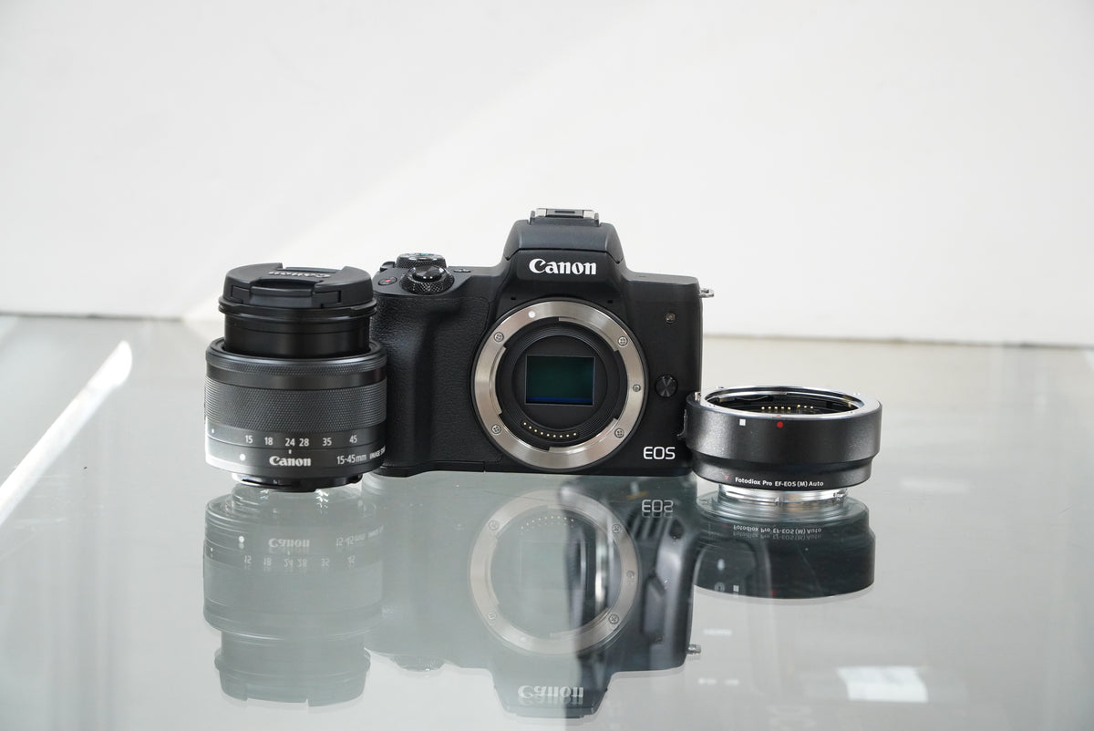 Canon EOS M50 Mirrorless Camera with 15-45mm Lens + Fotodiox pro EF to EOS M Adapter #03932, Used